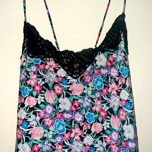 Vintage Vassarette Floral Chemise with Black Lace slip/dress large